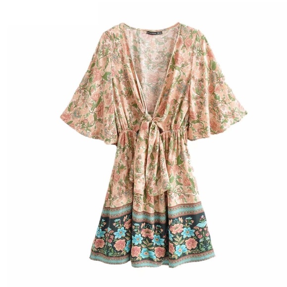 Boho Floral Print Front Tie butterfly sleeve Dress - Picture 9 of 9